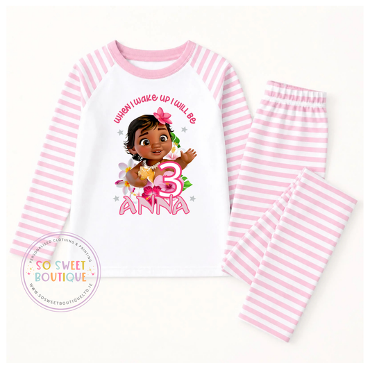 Baby Moana personalized birthday pajamas featuring Moana character and birthday message, perfect for a special first celebration.