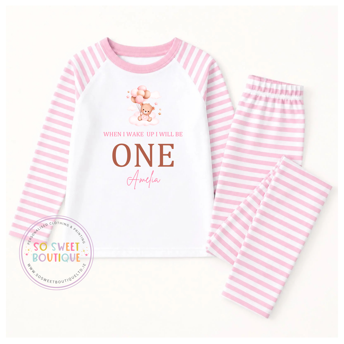 Personalized birthday pajamas featuring bear and balloon designs from SoSweetBoutiqueLtd, perfect for a first birthday celebration.