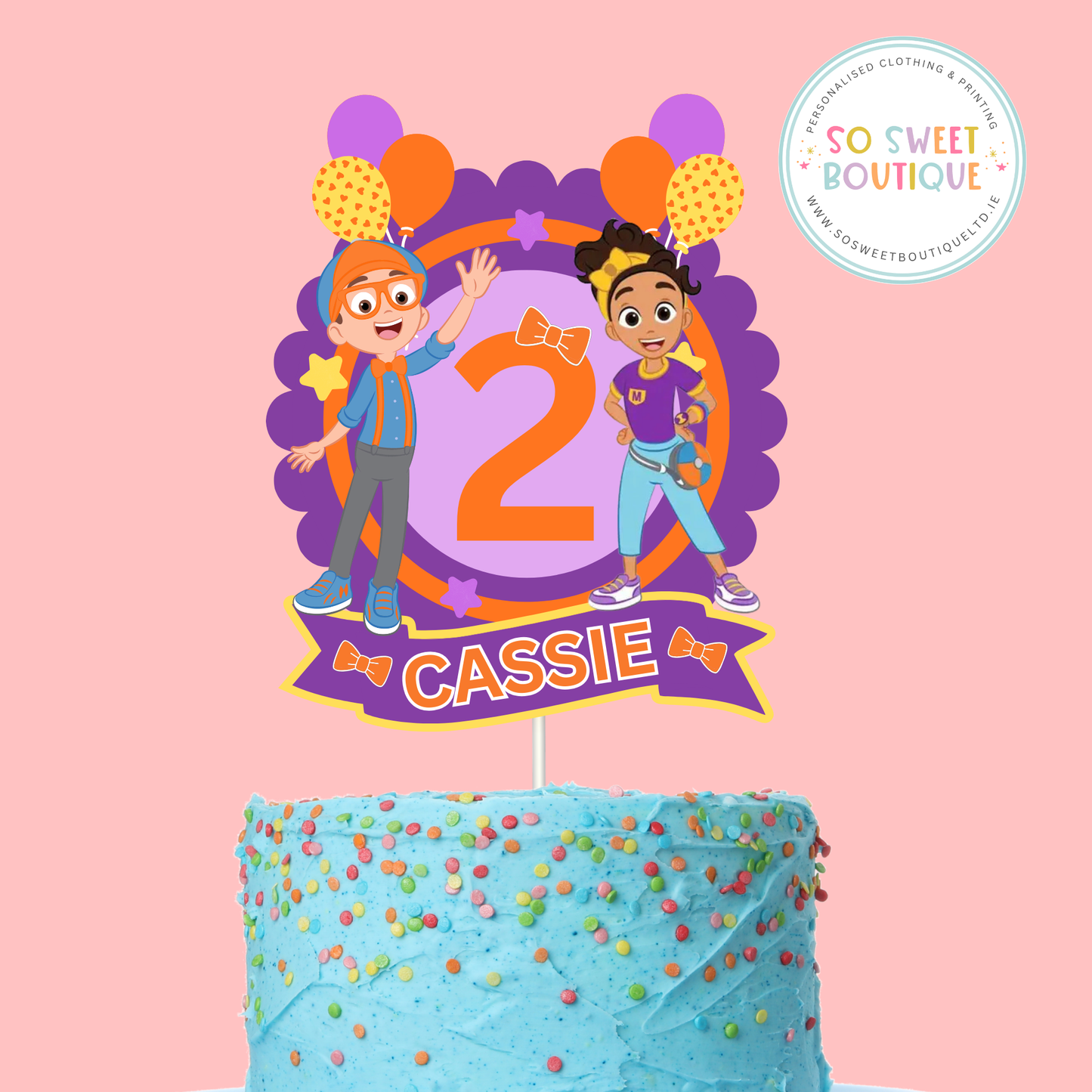 Personalised Blippi birthday cake topper by SoSweetBoutiqueLtd with a Blippi figure and colorful decorations on a cake.