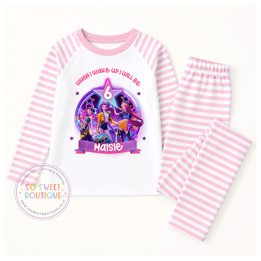 KPOP Demon Hunters When I Wake Up personalised birthday pyjamas with custom birthday message sleeper design