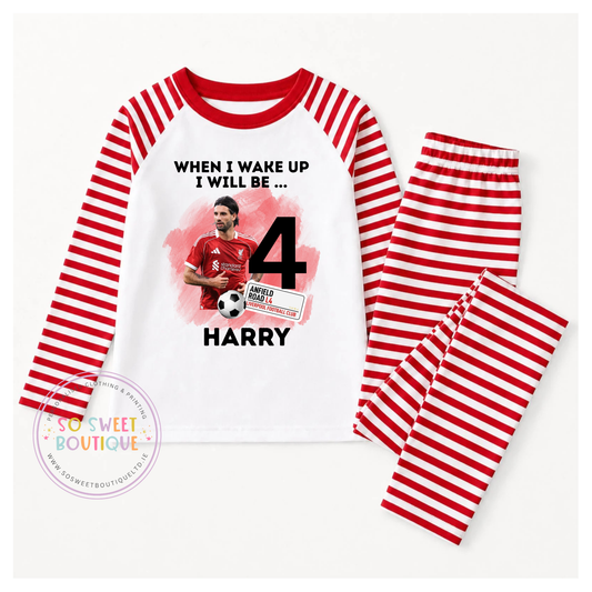 Liverpool When I Wake Up Personalised Birthday Pyjamas by SoSweetBoutiqueLtd, featuring colorful birthday-themed design and custom text.