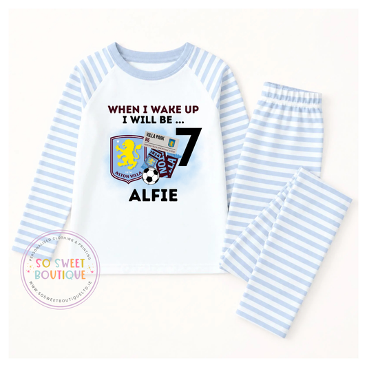 Personalized Aston Villa birthday pyjamas with colorful text and football-themed design for celebrating a special day.