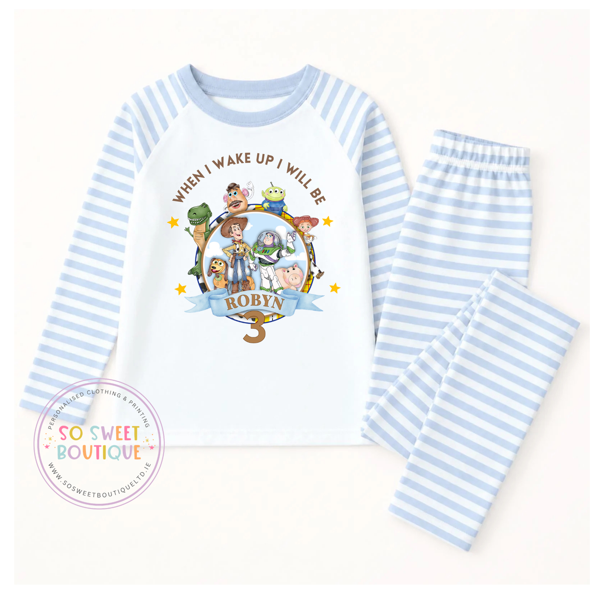 Personalised Toy Story When I Wake Up birthday pyjamas for children with colourful character design