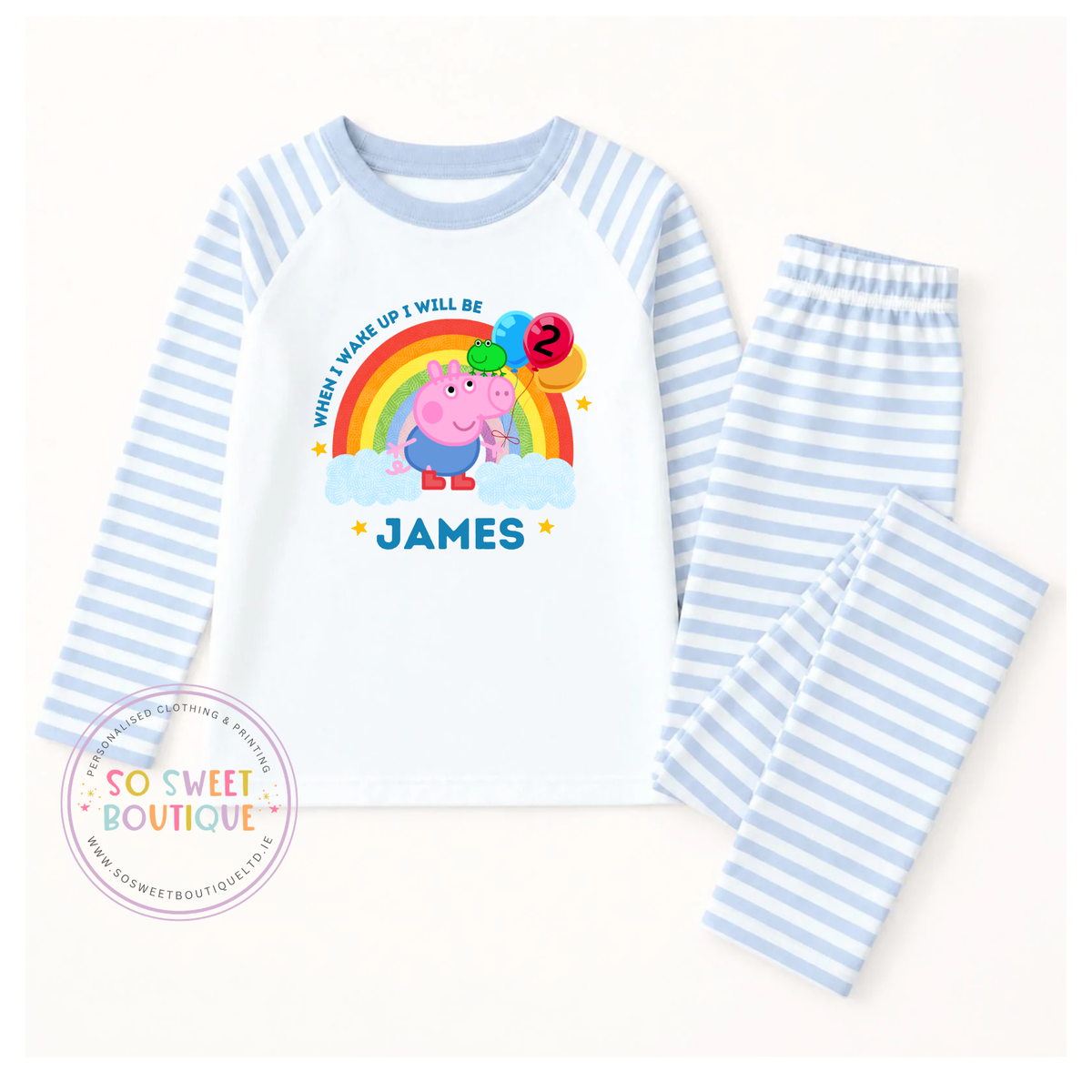 George Pig personalized birthday pajamas from SoSweetBoutiqueLtd, featuring fun character print and soft fabric for kids.