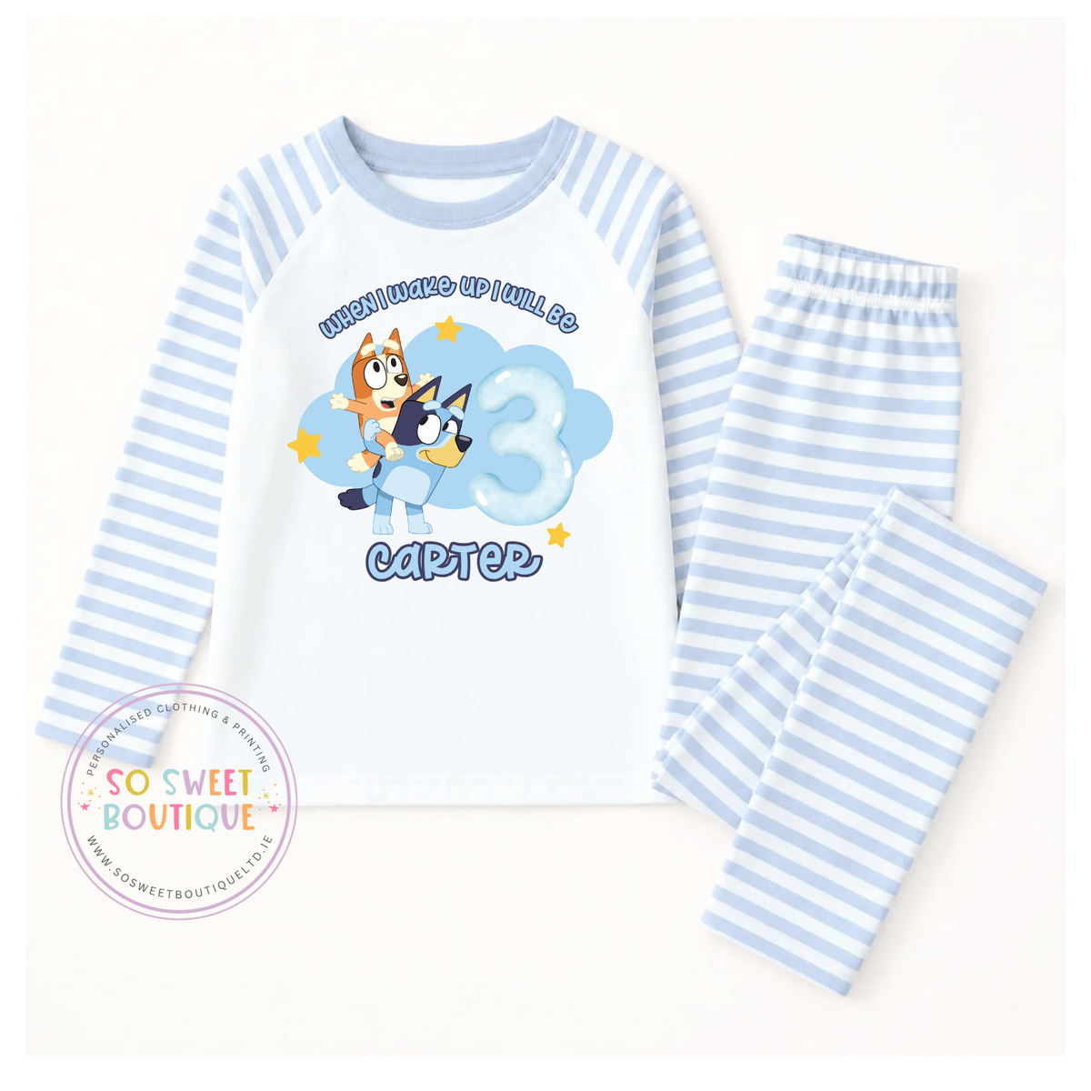 Bluey themed personalized birthday pajamas featuring a blue and white design, perfect for a child's special day.