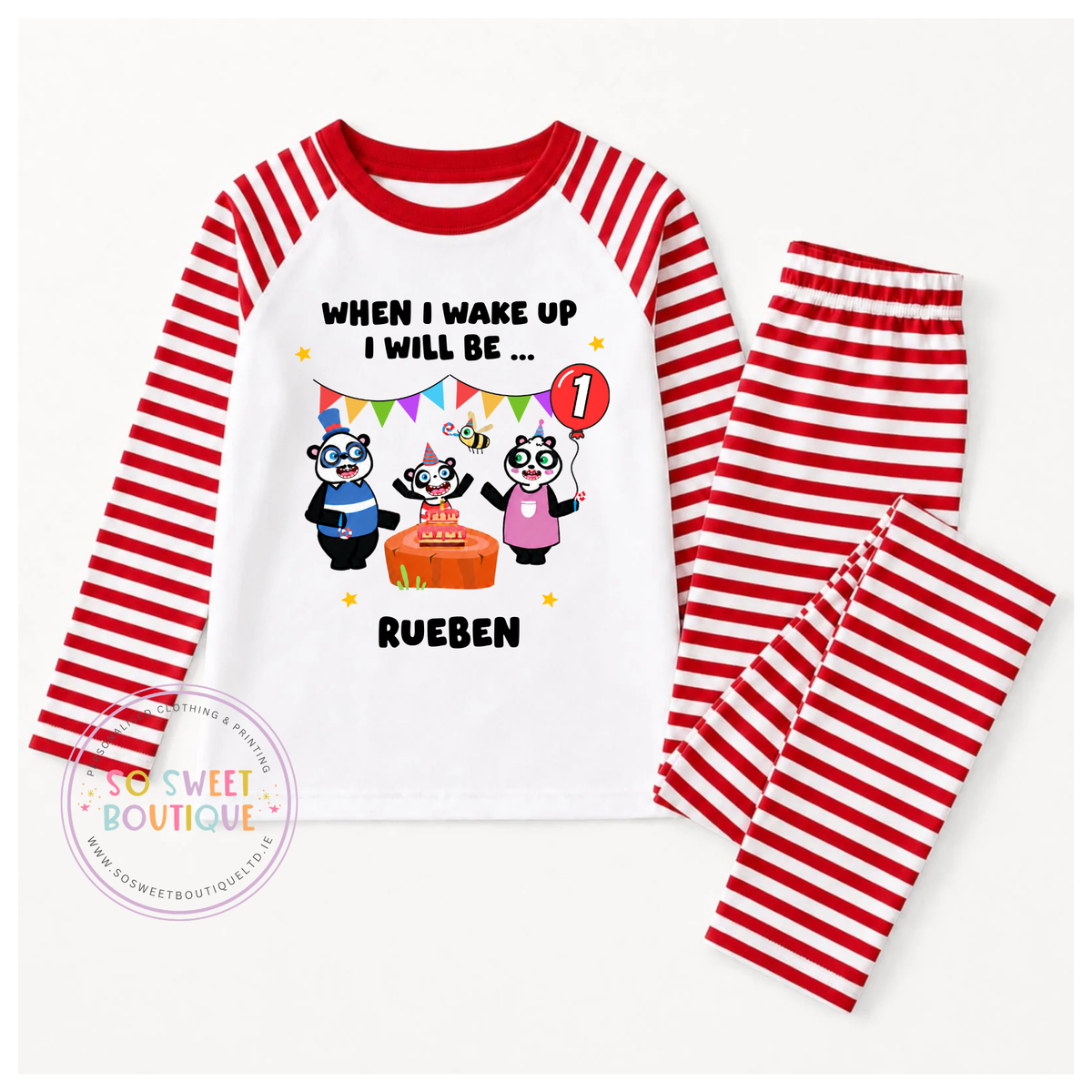 Personalised birthday pyjamas featuring Goofey, Panda, and Beebee from SoSweetBoutiqueLtd, perfect for a special celebration.