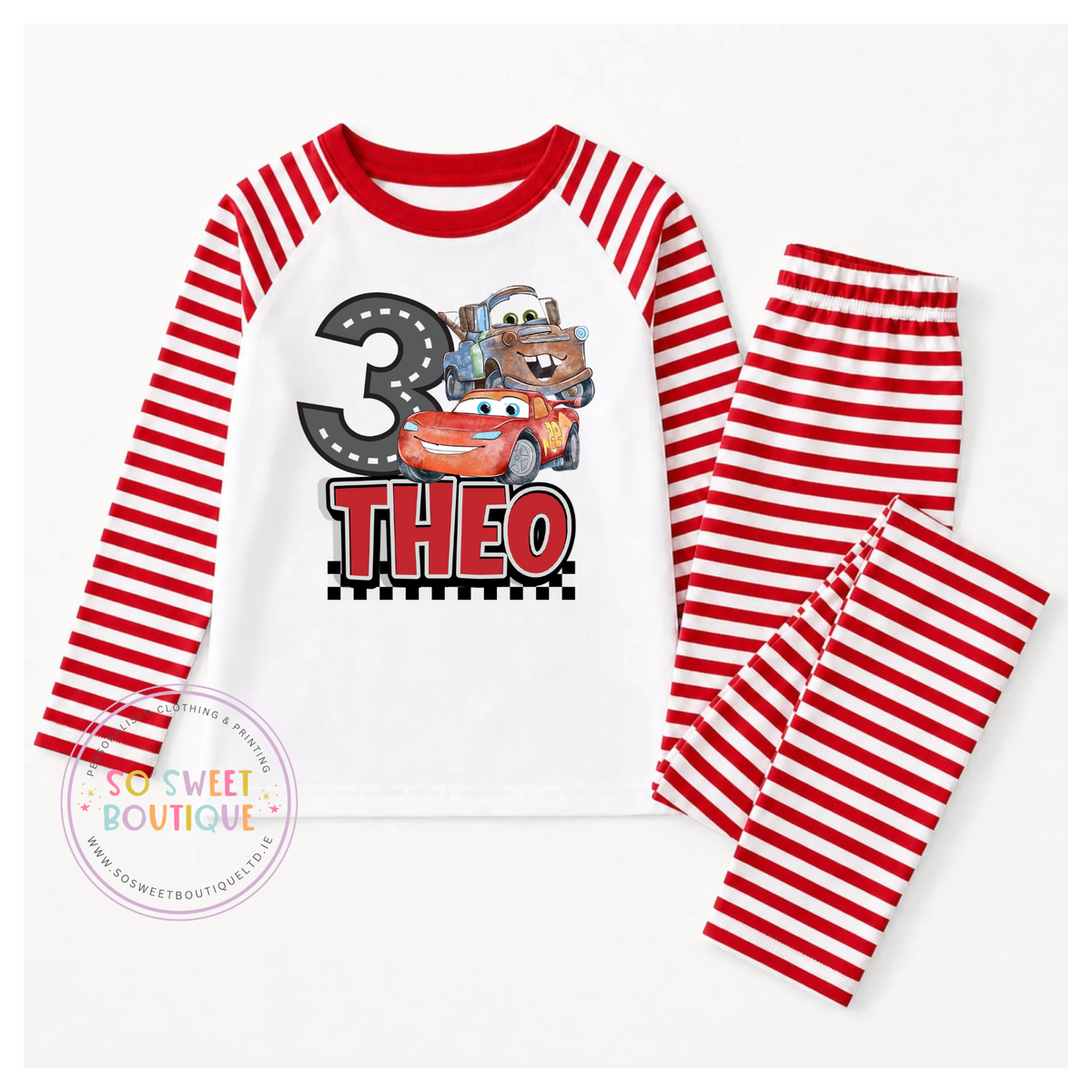 Personalised Lightning McQueen Cars birthday pyjamas for kids, featuring colorful race car design and fun graphics.