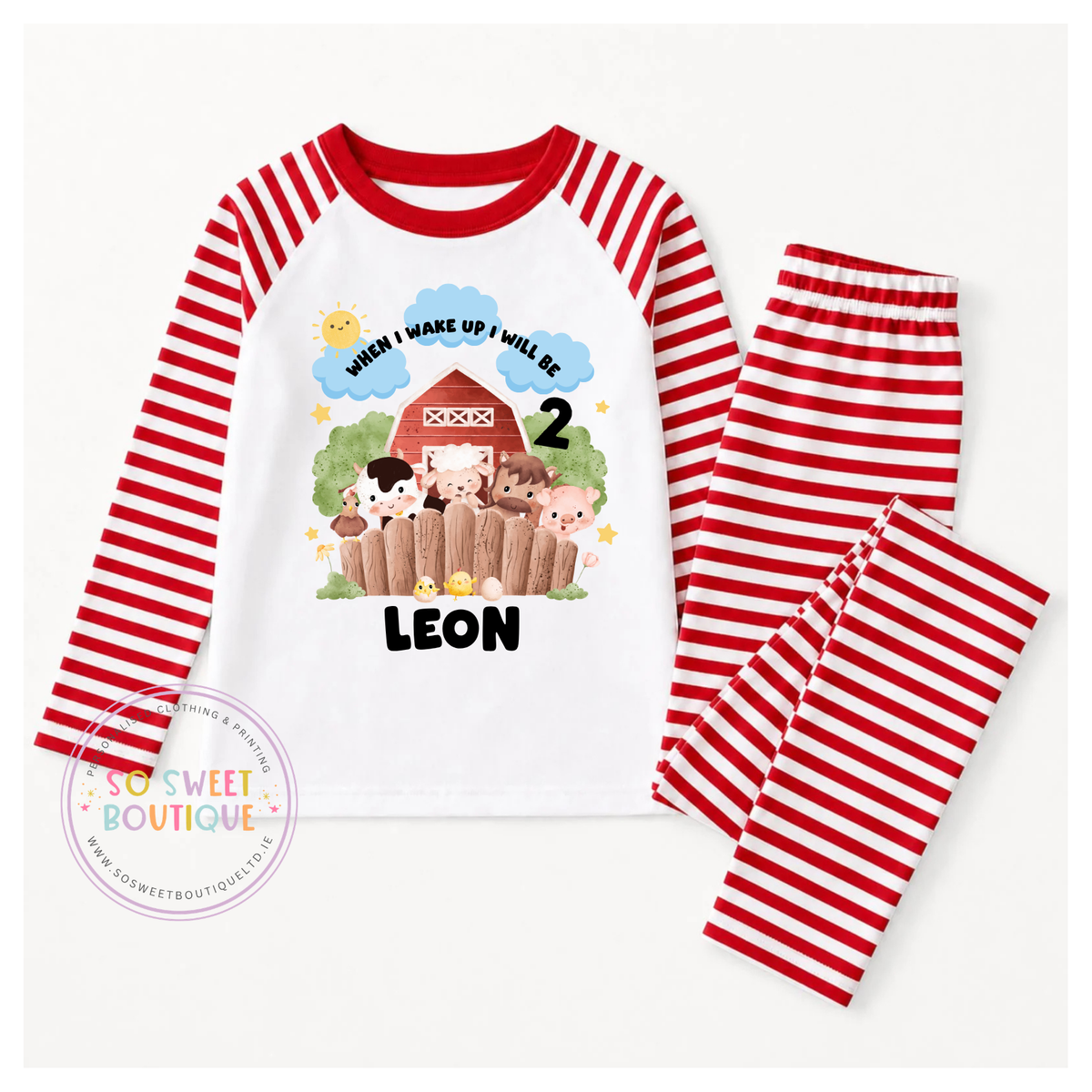 Personalised birthday pyjamas for farm-themed celebration, featuring custom text and playful farm animal illustrations.