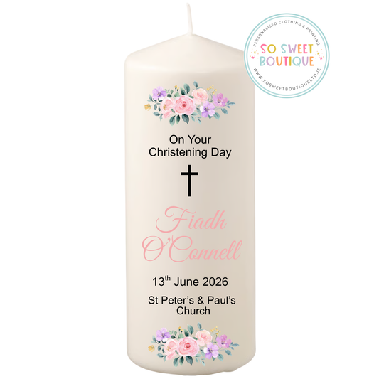 Pink Floral Personalised Christening Candle