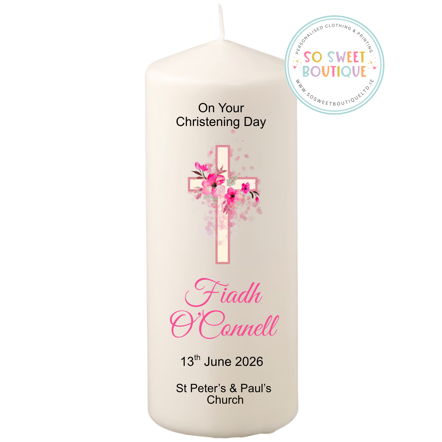 Pink Cross Personalised Christening Candle