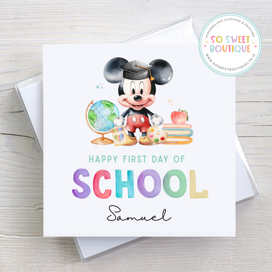 First day of school Mickey Mouse themed card from SoSweetBoutiqueLtd, featuring colorful Mickey Mouse design on a festive background.