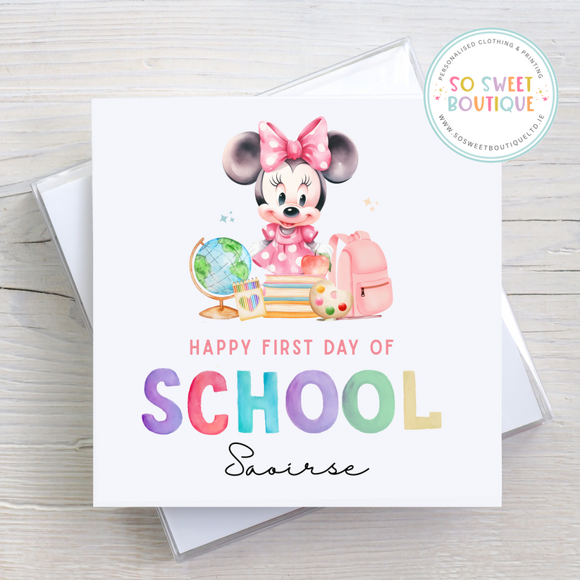 First day of school Minnie Mouse themed card with colorful stars and playful design by SoSweetBoutiqueLtd.