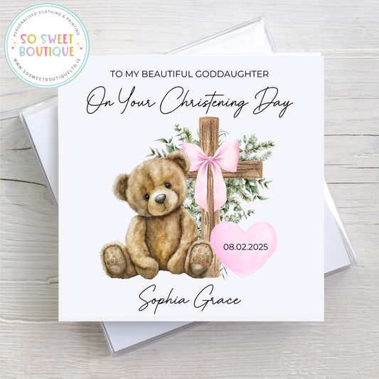 Pink Bear Christening Day Card - SoSweetBoutiqueLtd