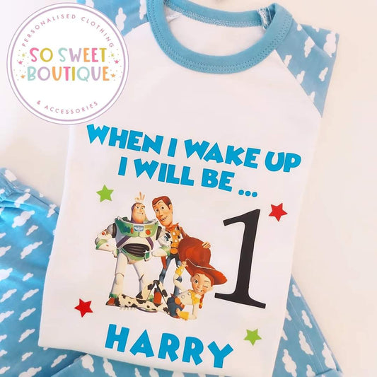 Toy Story themed personalized birthday pajamas by SoSweetBoutiqueLtd, featuring colorful characters and custom name text.