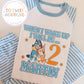 Bluey themed personalized birthday pajamas in blue, featuring fun character graphics and cozy fabric from SoSweetBoutiqueLtd.