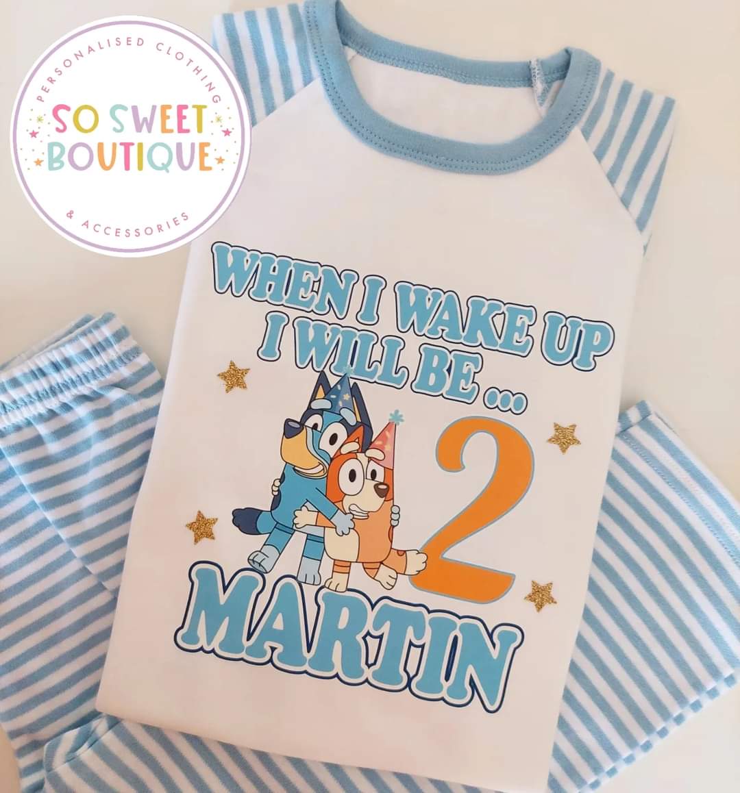 Bluey themed personalized birthday pajamas in blue, featuring fun character graphics and cozy fabric from SoSweetBoutiqueLtd.