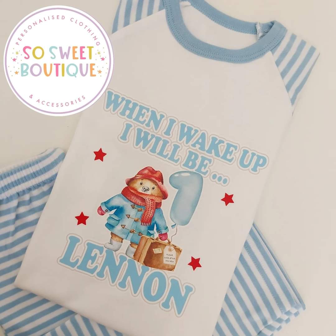 Pink Paddington Bear personalized birthday pyjamas for kids from SoSweetBoutiqueLtd, featuring the character and custom name detail.