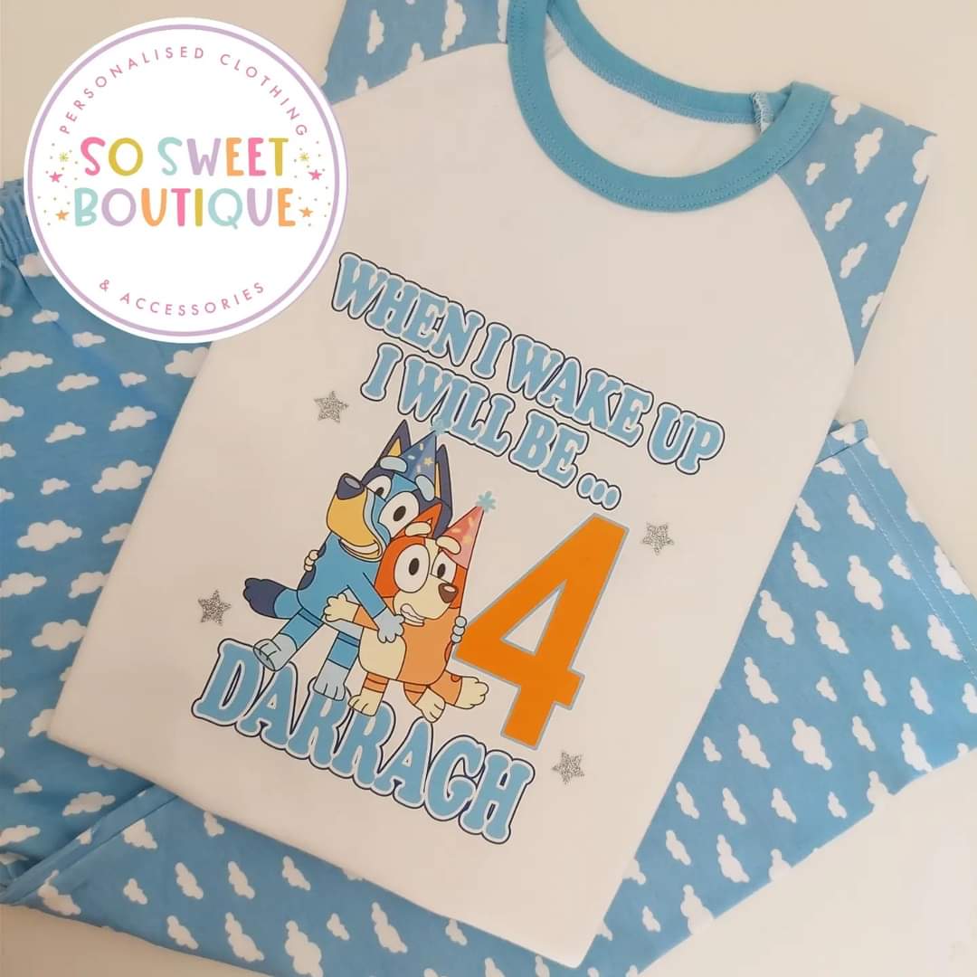 Bluey themed personalized birthday pajamas in blue, featuring fun character designs and soft fabric from SoSweetBoutiqueLtd.