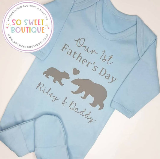 Bear First Father's Day Personalised Blue Babygro Sleepsuit - SoSweetBoutiqueLtd
