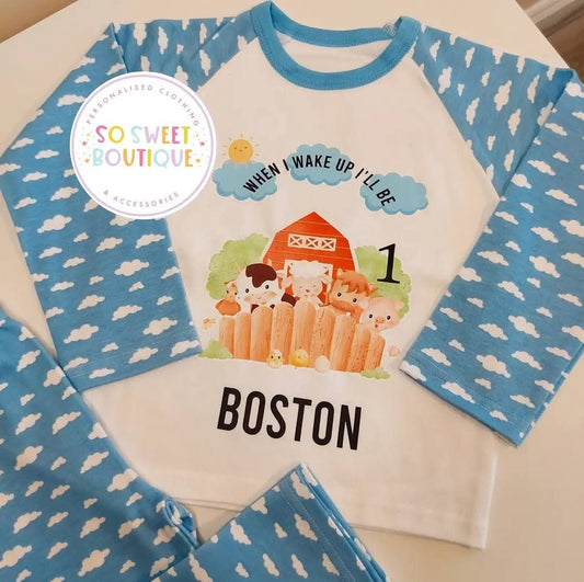 Personalized birthday pajamas for kids featuring farm-themed designs from SoSweetBoutiqueLtd, perfect for celebrating special days.