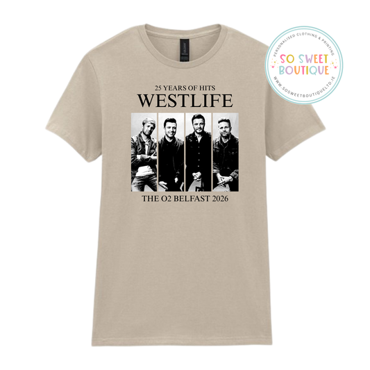 Westlife 25th Anniversary Belfast T-shirt in black with white graphic celebrating Westlife's 25 years.