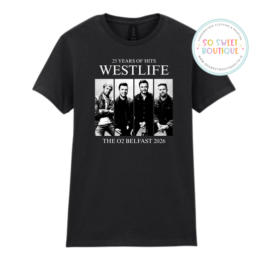 Black T-shirt celebrating Westlife 25th Anniversary with Belfast logo, featuring a joyful design and anniversary text.
