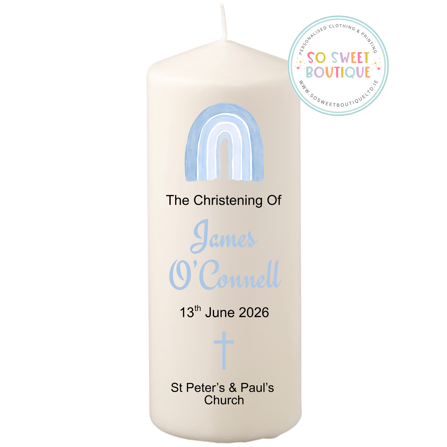 Blue Rainbow Personalised Christening Candle