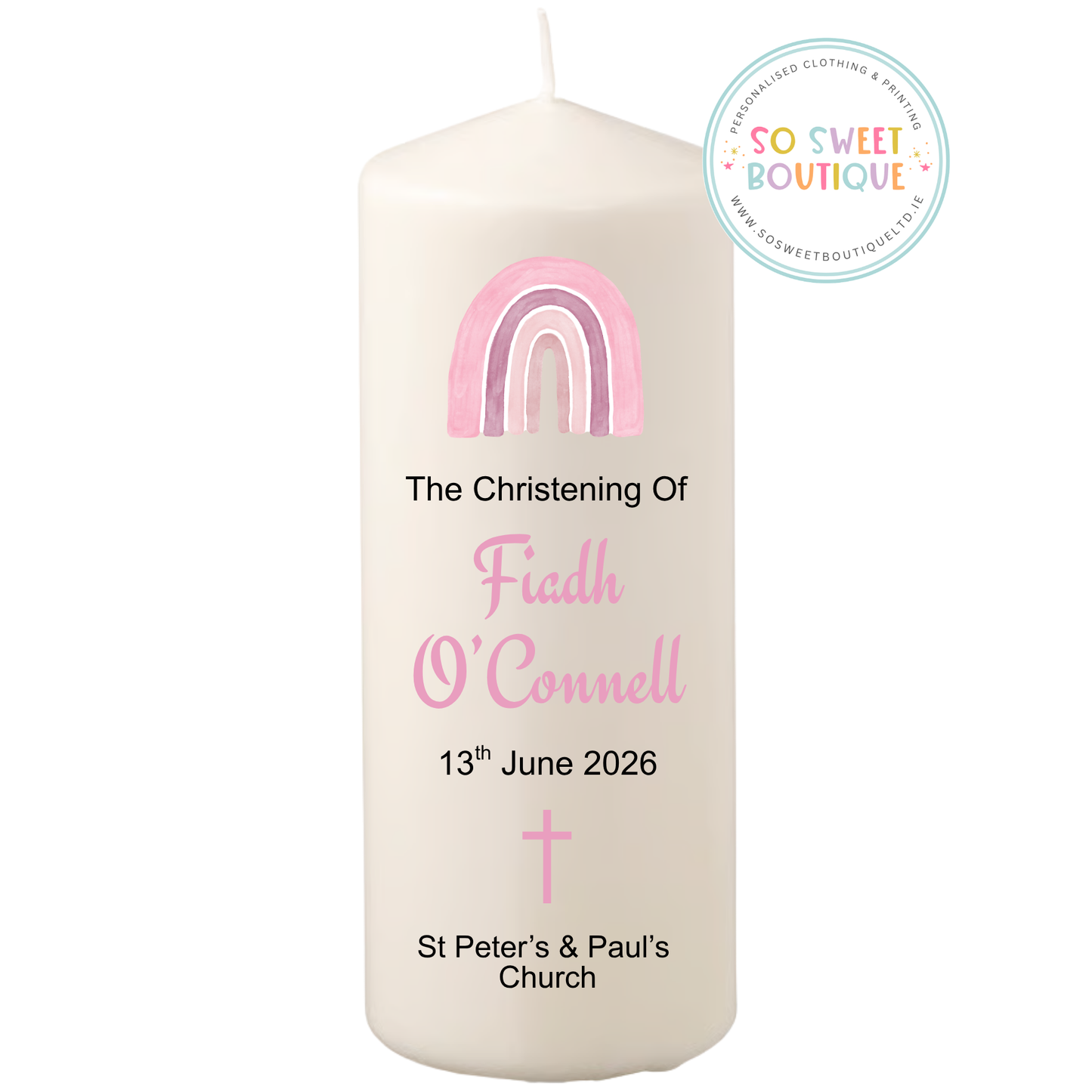 Pink Rainbow Personalised Christening Candle