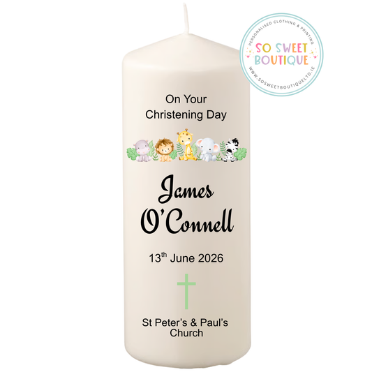 Safari Animals Personalised Christening Candle