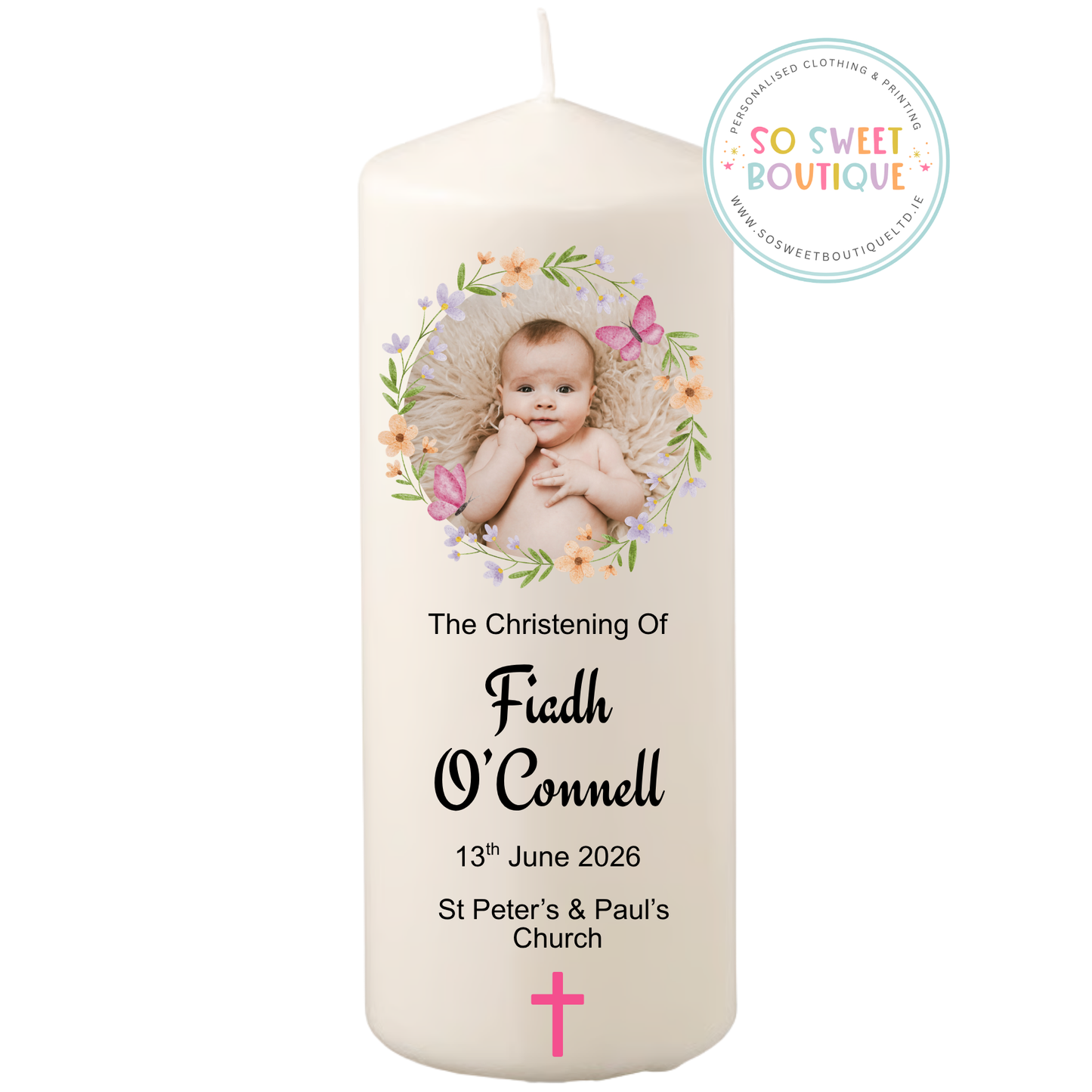 Pink Butterfly Wreath Custom Photo Personalised Christening Candle