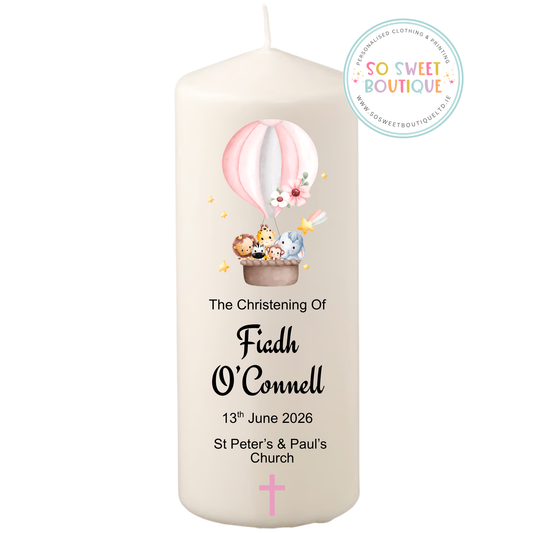 Pink Hot Air Balloon Personalised Christening Candle