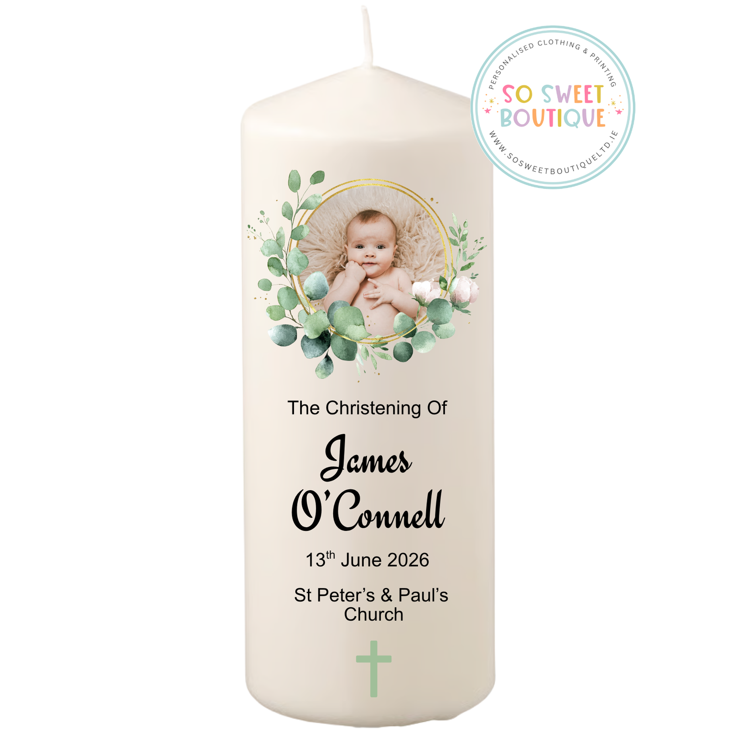 Floral Wreath Custom Photo Personalised Christening Candle
