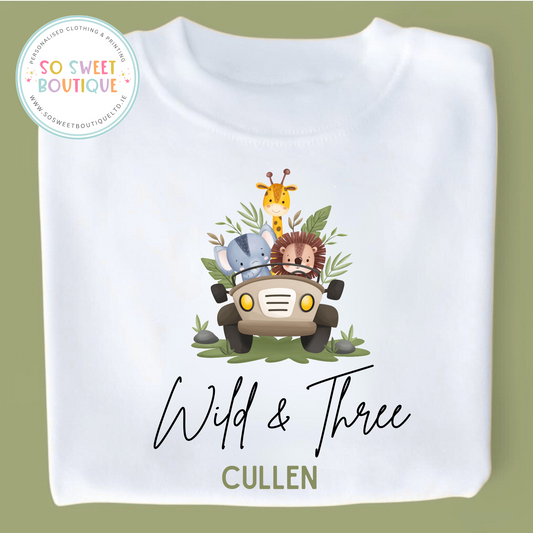 Three & Wild Safari themed Birthday White T-Shirt