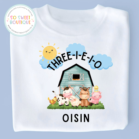 Three-I-E-I-O Farm themed Birthday White T-Shirt