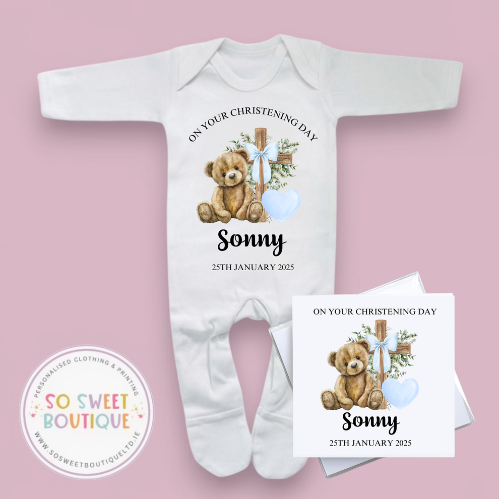 Bear Christening Day White Baby Sleepsuit & Card Set
