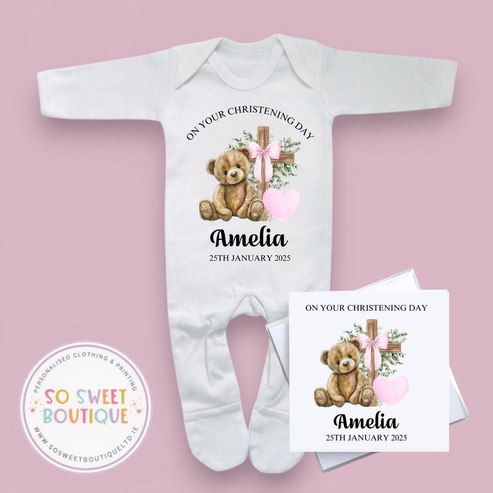 Bear Christening Day White Baby Sleepsuit & Card Set