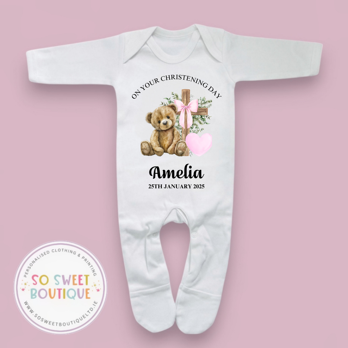 Pink Bear Christening Baptism Personalised White Sleepsuit Babygro