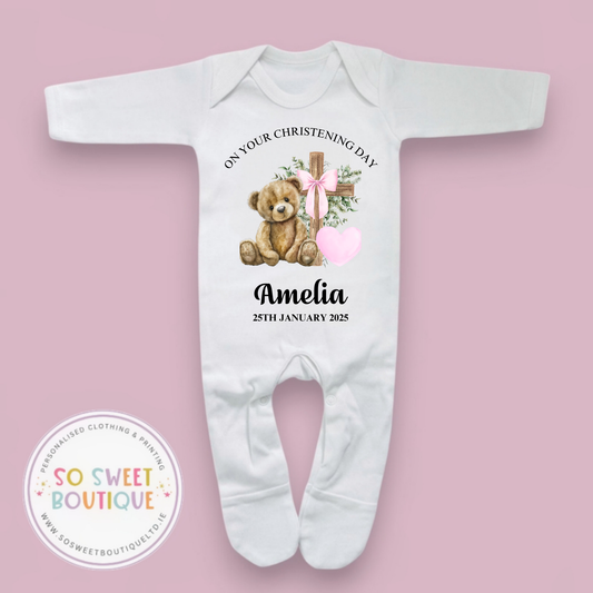 Pink bear Christening Baptism sleepsuit for babies, personalized white babygro with cute bear design, from SoSweetBoutiqueLtd.