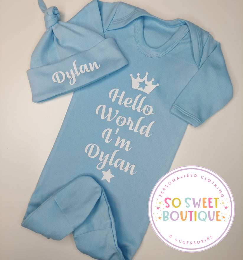 Hello World Blue Personalised Sleepsuit & Hat Set