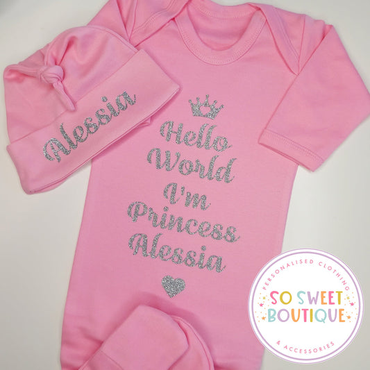 Hello World Pink Baby Sleepsuit & Hat Set