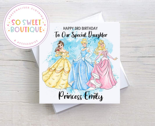 Princess-themed personalized birthday card by SoSweetBoutiqueLtd featuring colorful princess illustrations and customizable message.