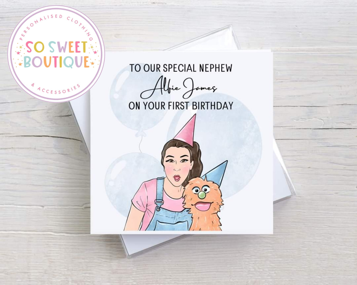 Personalized Ms Rachel themed birthday card with colorful illustrations and custom text, designed by SoSweetBoutiqueLtd.