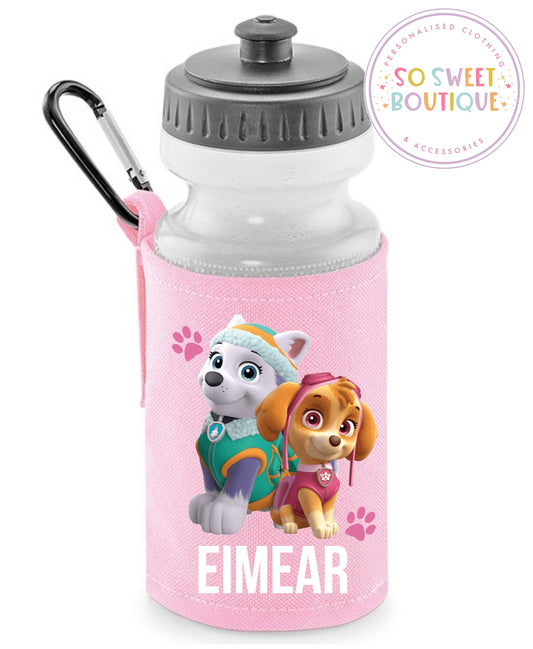Paw Patrol themed 500ml Personalised Pink Water Bottle & Holder