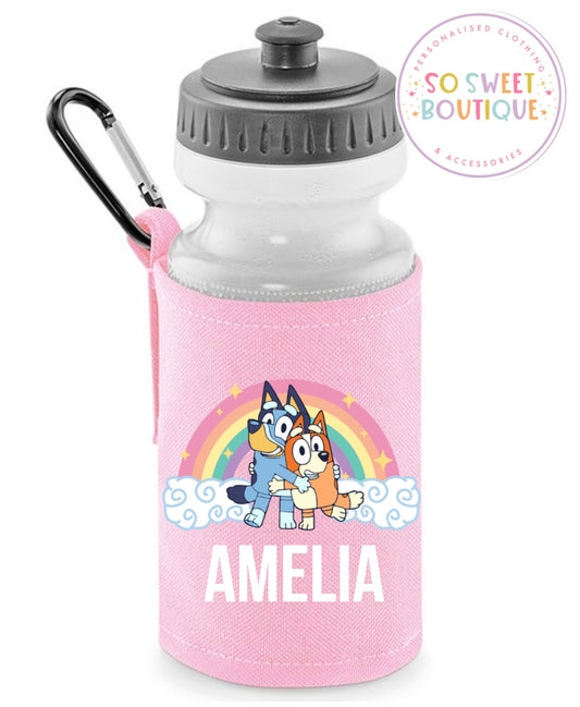 Bluey themed 500ml Personalised Pink Water Bottle & Holder