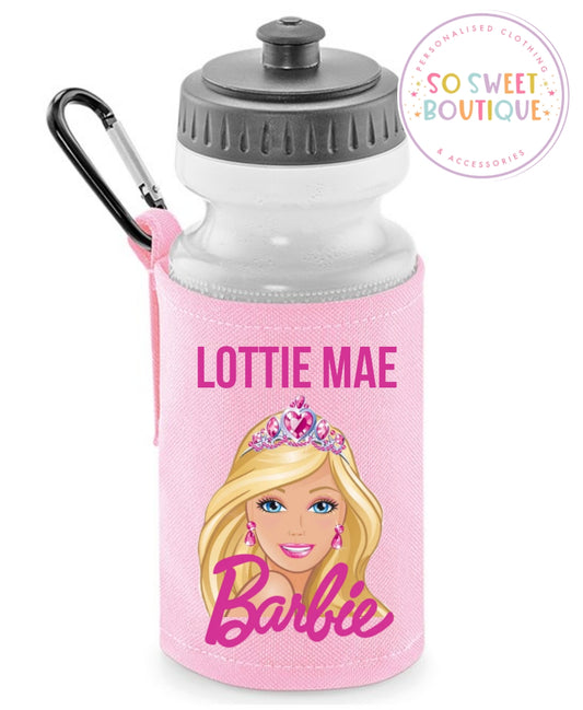 Barbie themed 500ml Personalised Pink Water Bottle & Holder