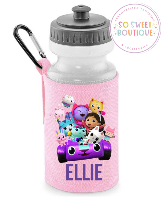Gabby's Dollhouse themed 500ml Personalised Pink Water Bottle & Holder
