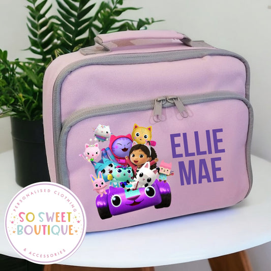 Gabby's Dollhouse themed Personalised Pink Insulated Lunch Bag