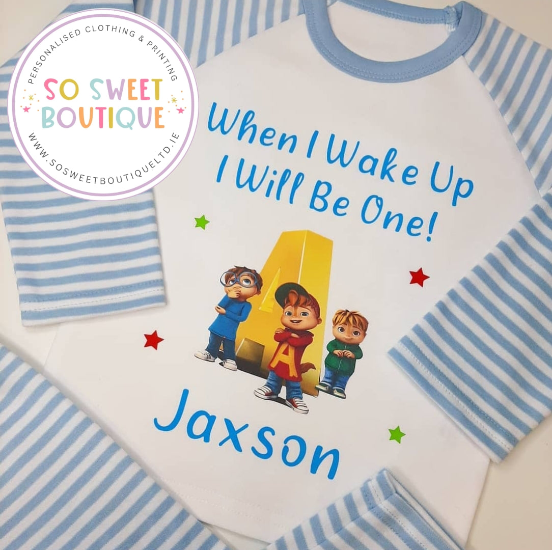 Personalised Alvin and The Chipmunks birthday pyjamas by SoSweetBoutiqueLtd, featuring colorful cartoon characters on soft fabric.