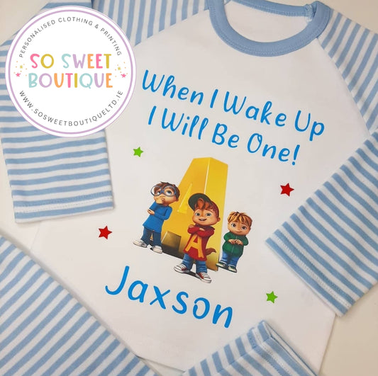 Personalised Alvin and The Chipmunks birthday pyjamas by SoSweetBoutiqueLtd, featuring colorful cartoon characters on soft fabric.