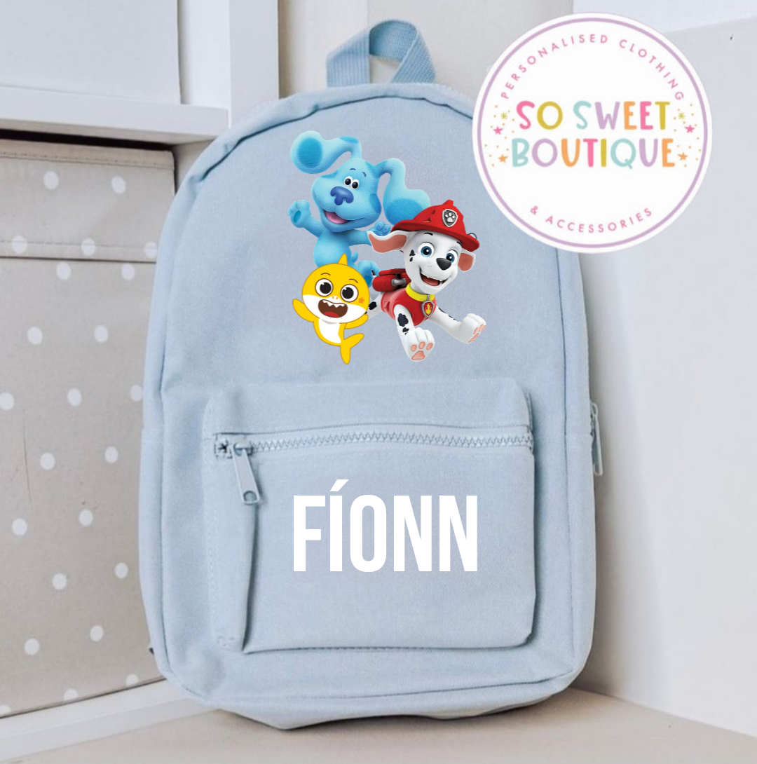 Multi Character themed Personalised Kids Backpack (12 Colour Options)